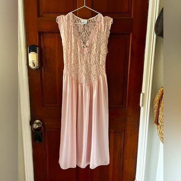 Vintage 80s 90s Quiet Moments Pink Nightgown Midi Dress Sleepwear Slip Lingerie - Picture 1 of 11